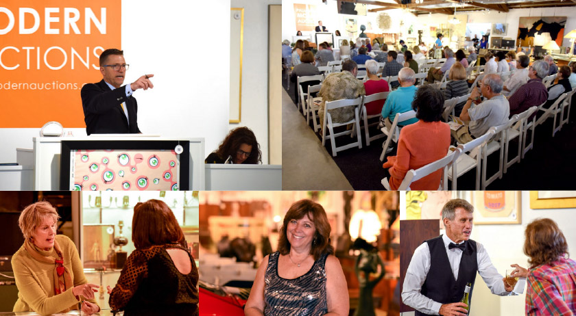 A mosaic of photos from auction events. Clockwise from top left: the auctioneer pointing, the audience, a woman working the counter helping a woman interesting in something in the jewelry case, an employee smiling, a bartender handing a woman a glass of wine.