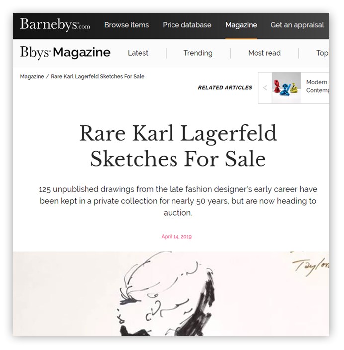 Barnebys.com Rare Karl Lagerfeld Sketches For Sale Rare Karl Lagerfeld Sketches For Sale 125 unpublished drawings from the late fashion designer's early career have been kept in a private collection for nearly 50 years, but are now heading to auction April 14, 2019 Taylor 