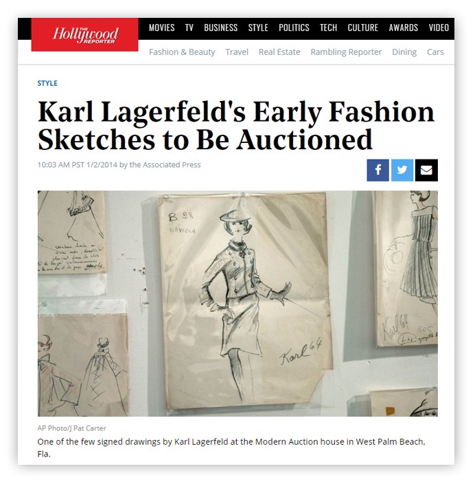Hollywood MOVIES TV BUSINESS STYLE POLITICS TECH CULTURE AWARDS VIDEO Fashion & Beauty Travel Real Estate Rambling Reporter Dining Cars STYLE Karl Lagerfeld's Early Fashion Sketches to Be Auctioned 10:03 AM PST 1/2/2014 by the Associated Press Karl 64 AP Photo/Pat Carter One of the few signed drawings by Karl Lagerfeld at the Modern Auction house in West Palm Beach, Fla. 