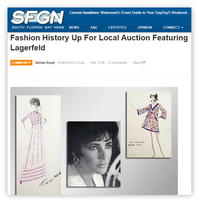 SFGN Current Headlines: Watermark's Event Guide to Your GayDays Weekend... SOUTH FLORIDA GAY NEWS NEWS Fashion History Up For Local Auction Featuring Lagerfeld Denise Royal 01/08/2014 2:18 pm 