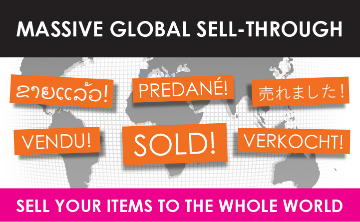 Massive Global Sell-Through, 'Sold!' written in six different languages, Sell Your Items To The Whole World